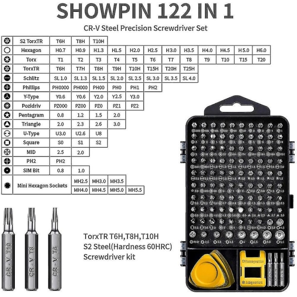 Datamaskin Reparasjonssett, 122 i 1 Magnetisk Bærbar Skrutrekkersett, Presisjonsskrutrekkersett, Liten Slag Skrutrekkersett Med Etui 115 in 1 Yellow