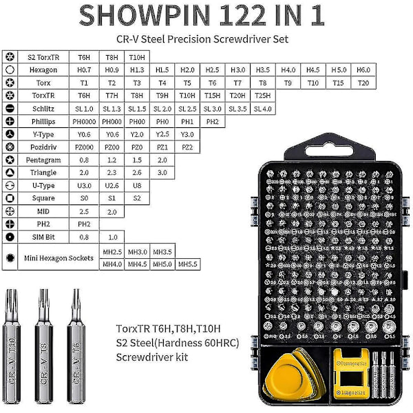 Datorreparationssats, 122 i 1 magnetisk skruvmejselsats för bärbar dator, precisionsskruvmejselsats, liten slagmejselsats med fodral 115 in 1 Yellow