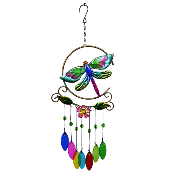4 bitar metall vindspel 7 färg glas bitar hänge kreativ dekoration dragonfly