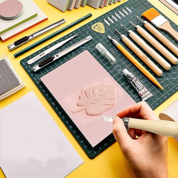 Linoblock-skärningsgummi stämpel snidning med 5 blad trähandtag gravyr gravyr set