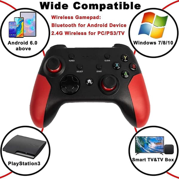 Kontroller for Android / PC / PS3, Trådløs Bluetooth-kontroller for Android-mobil med uttrekkbar stativ, 2.4g Trådløs kontroller PC / PS3 / TV-spillkontroll