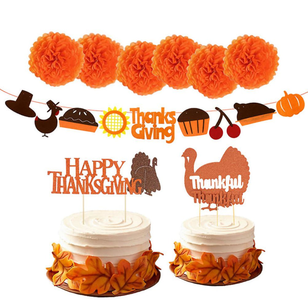 9 stk Thanksgiving Bannersett Papirblomster Tyrkia Bunting Flagg Tyrkia Kake Topper Party Favor (papirblomst x 6, Tyrkia Banner x 1, Glad Thanksgiving Topp