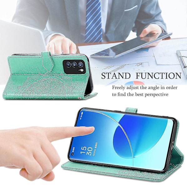 Oppo Reno6 Pro 5g Etui Læder Pung Cover Emboss Mandala Magnetisk Flip Beskyttelse Stødsikker - Grøn