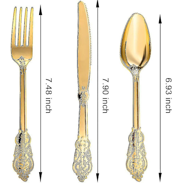 300-pack Guld Plastbestick - Tungt Guld Plastbestick Set, 100 Guld Gafflar, 100 Guld Skedar, 100 Guld Knivar, Guld Bestick