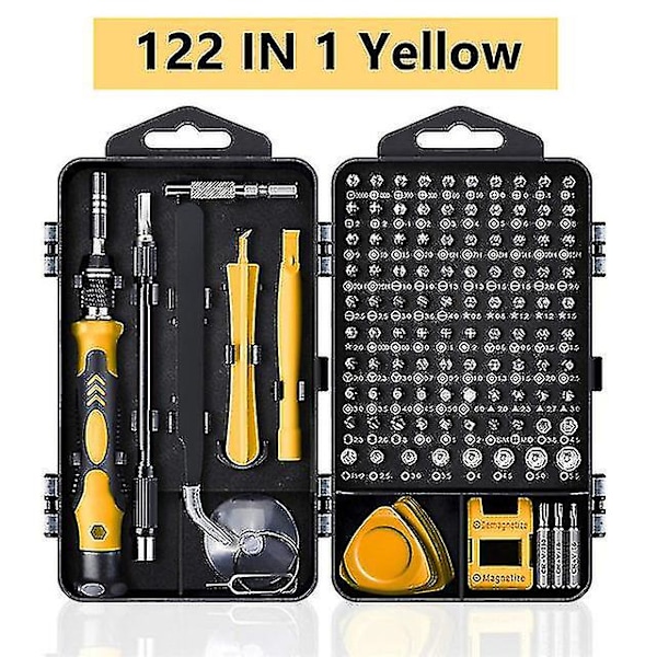 Datorreparationssats, 122 i 1 magnetisk skruvmejselsats för bärbar dator, precisionsskruvmejselsats, liten slagmejselsats med fodral 122 in 1 Yellow
