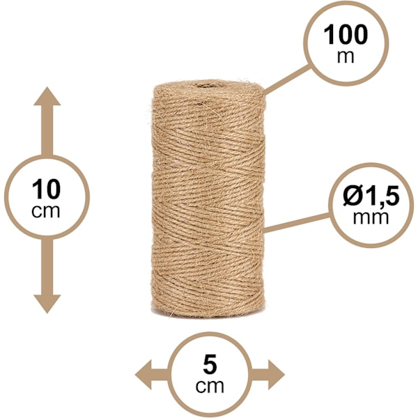 Luonnonjute-naru 1,5 mm ± 100 m, puutarhanhoitoon, tee-se-itse-töihin ja käsintehtäviin askarteluihin BJN100