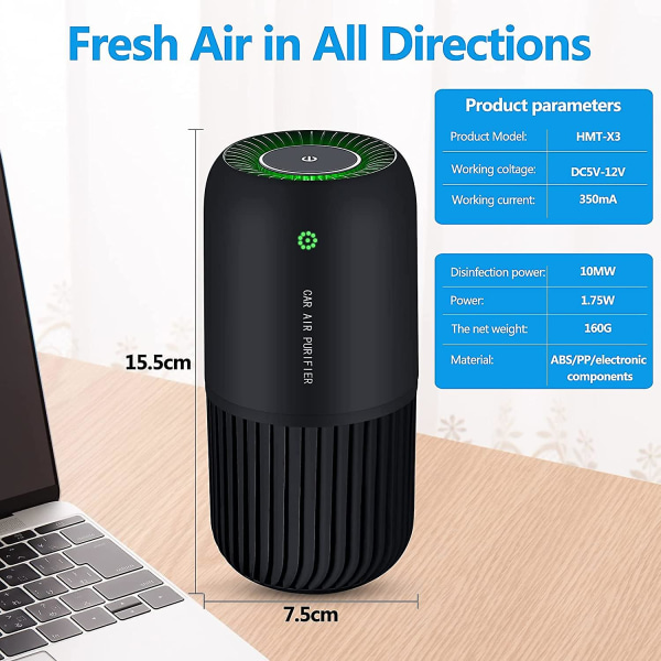 Luftrenare Filter Luftrenare tar bort 99,97 % rökallergener damm, luftrenare för bil och kontor (svart)