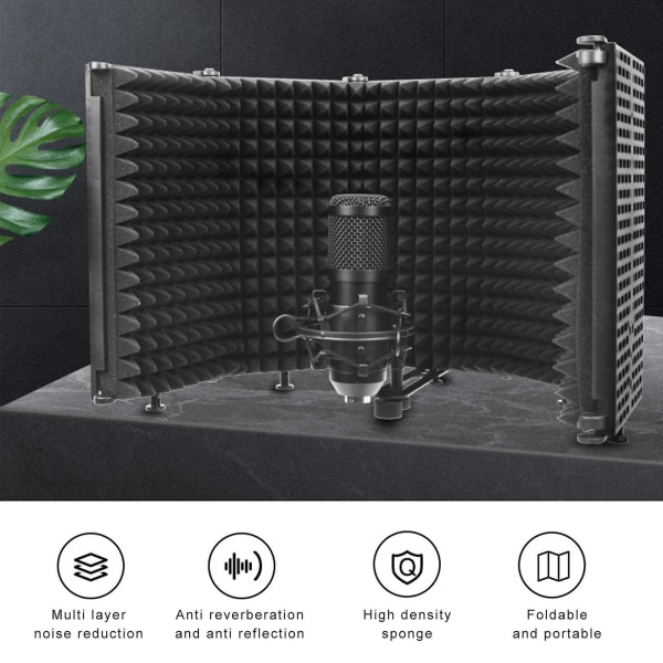 Mikrofonisoleringsskärm 5-panel vindruta för inspelningsstudio hopfällbar högdensitetsabsorberande svamp