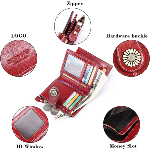 Dame-lommebok myntlommebok for kvinner med kortklips for kvinner glidelåslommebok med 16-kortspor anti-RFID-lommebok (vinrød)
