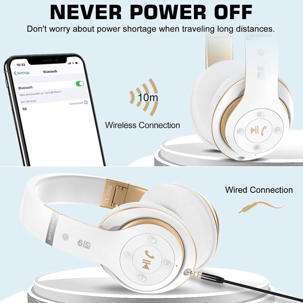 6S trådløse hodetelefoner over øret, [40 timers spilletid] Hi-Fi stereo sammenleggbare trådløse stereohodesett ørepropper med innebygd mikrofon, volumkontroll