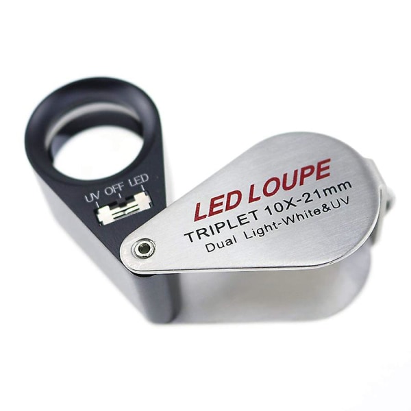 10x forstørrelse Juveler Lupp Triplett Lens Forstørrelsesglass med 6 LED UV-lys 21 mm For edelstener, smykker
