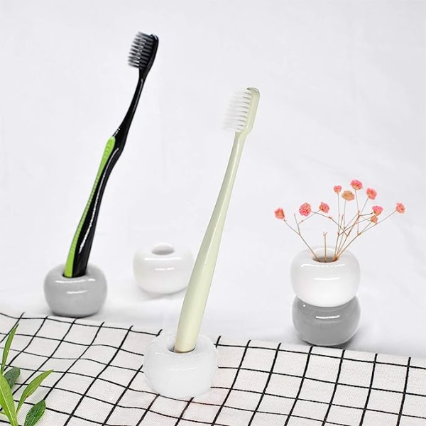 Liten mini keramisk tandborsthållare, vit/grå keramik handgjord badrumstutt