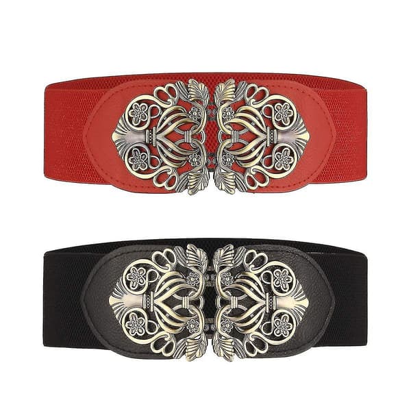 Dam Elastiskt Bälte med Bredd, 2-pack, Retro Dam Stretch Bälte, Svart Röd