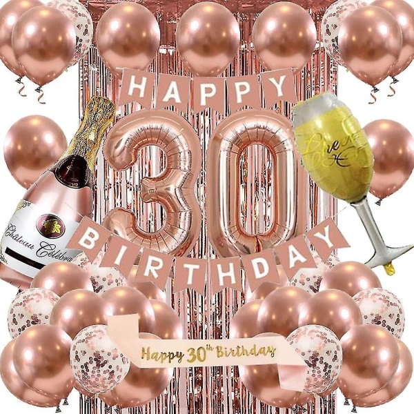 30-vuotissyntymäpäiväkoristeet naisille, ruusukulta 30-vuotisjuhlakoristeet hänelle, 30-vuotissyntymäpäiväkoristeet bannerisarjat Rosegold ilmapallot koristelu
