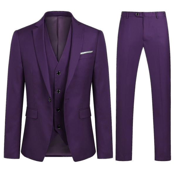 Miesten puku Business Casual 3-osainen puku Blazer Housut Liivi 9 väriä Z Purple L