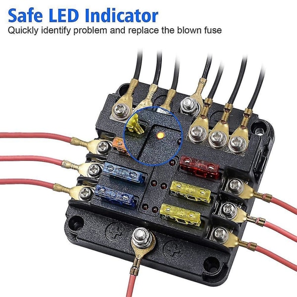 Sulakeboksi negatiivisella väylällä, 6-tie teräsulakepidike lohko LED-ilmaisimella 12v vene automaatti