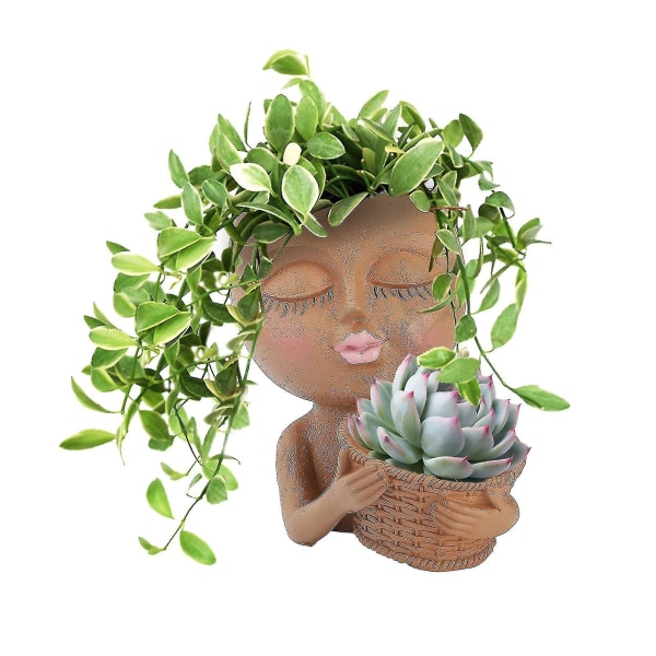 Ansigt Planter Pot - Dobbelt urtepotter i én til indendørs udendørs planter Resin Cute Lady Face brown