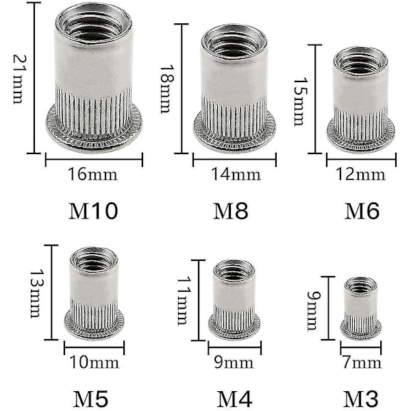 Sæt med 165 rustfri stålnitter M3 M4 M5 M6 M8 M10