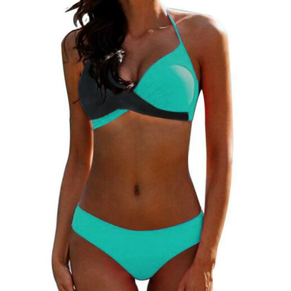 2-delad bikini med vadderad push-up-bh för kvinnor Lake Green+Black L