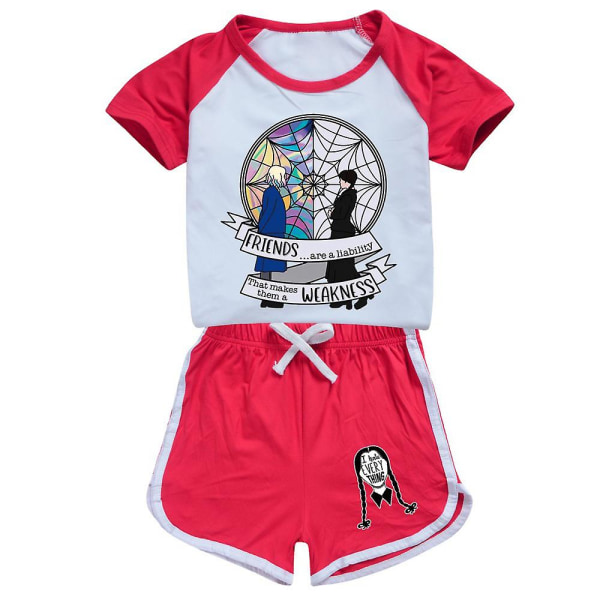 Børn Piger onsdag Addams T-shirt Shorts Outfits Sæt Pyjamas Nattøj Loungewear Sommer træningsdragt Red 11-12 Years