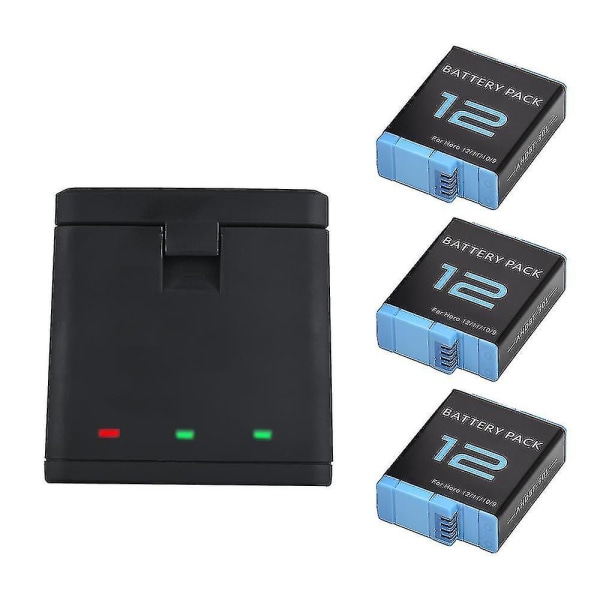 3 stk 1800mAh batteri + 3-spor lader med USB-port, kompatibel med GoPro Hero 12/11/10/9