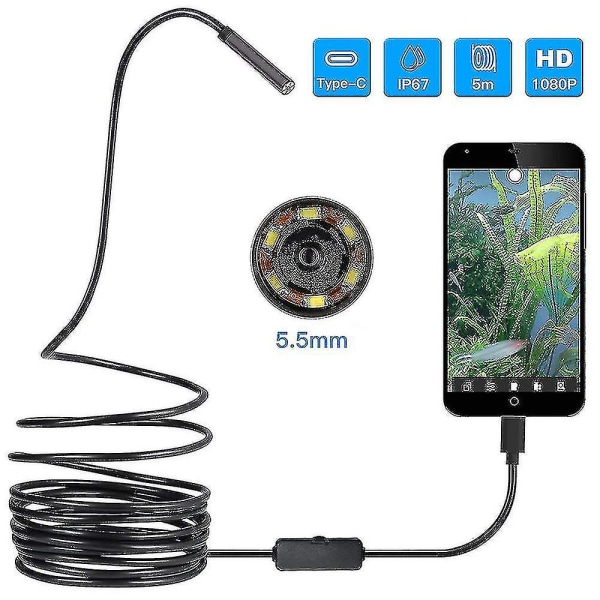 Usb endoskop 3 i 1 boreskop 5,5 mm ultratyndt vandtæt inspektionsslangekamera mikro usb og type C kompatibel med Otg Android, pc