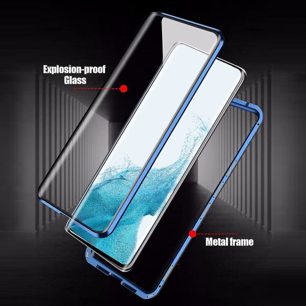 Magnetisk etui til Samsung Galaxy S23 Ultra, dobbelt hærdet glas Hd beskyttende cover All-inclusive stødsikkert telefonetui med metalramme Flip cover blue