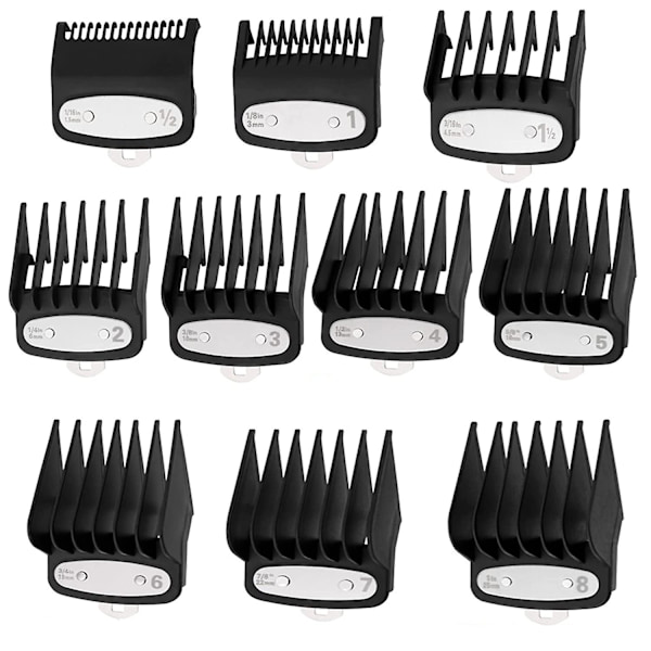 Clipper Guards Cutting Guides til Wahl Clipper - 10-pak, passer til alle Wahl-klippere i fuld størrelse, 1/16 tomme til 1 tomme (1,5-25 mm), sort
