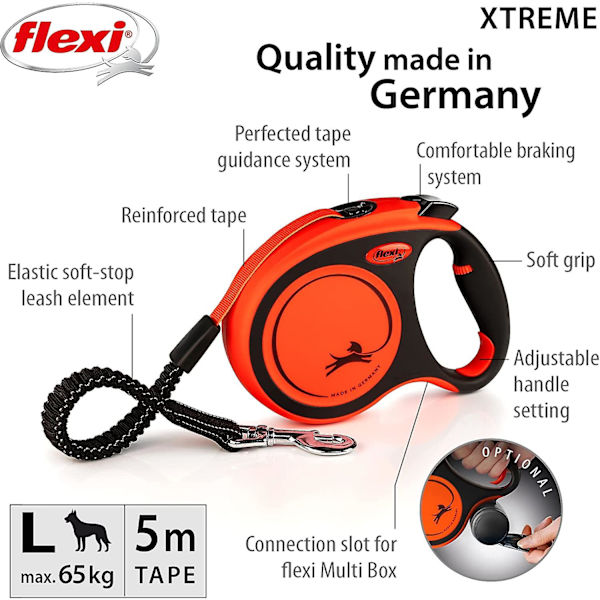 Flexi Xtreme -nauha oranssi ja musta, suuri, 5 m, vedettävä koiranhihna koirille, joiden paino on enintään 65 kg