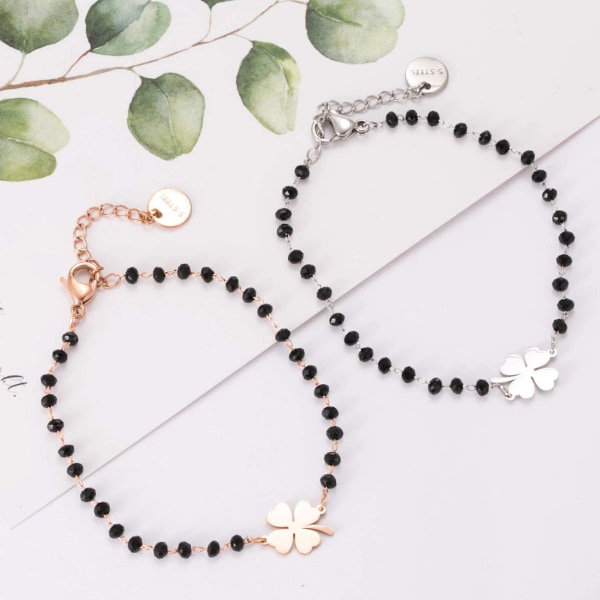 Lucky Clover Charm Armband i rostfritt stål med svarta pärlor, enkelt armband med lyckoklöver (roséguld) rose gold