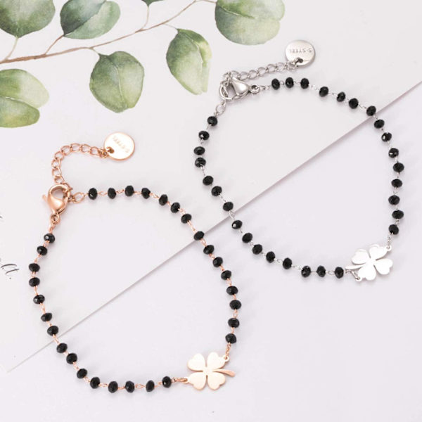 Lykkekløver Charm Armbånd Rustfrit Stål Sort Perle Enkel Lykke Charm Armbånd (Sølv) White
