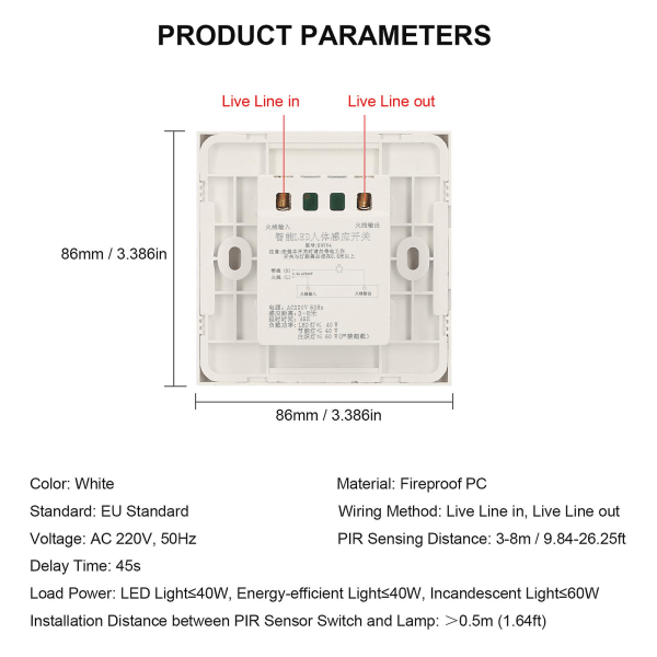 PIR-sensor lysafbryder Live Line In/Out Bevægelsesaktiveret LED-lysafbryder Automatisk styring Lampe Vægkontakter Smart Body Induktionsdetektor (AC 220V, Wh