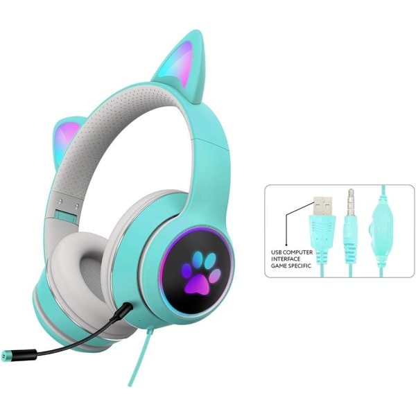 LED Light Up Hodetelefoner med mikrofon Sammenleggbar Cute Cat Ear Gaming Headset wit light green