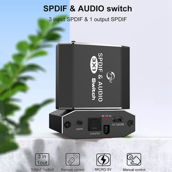 Spdif & Audio -kytkin 3 sisään 1 ulos optinen jakaja Toslink digitaalinen optinen audiokytkin 3x1 sovitin