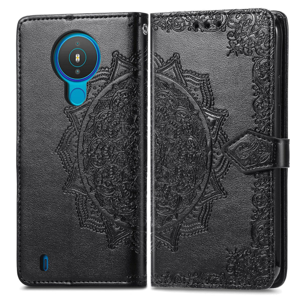 Case Nokia 1.4 Cover Nahkaiselle Lompakon Cover Kohokuvioitu Mandala Magneettinen Flip Protection Iskunkestävä - Musta