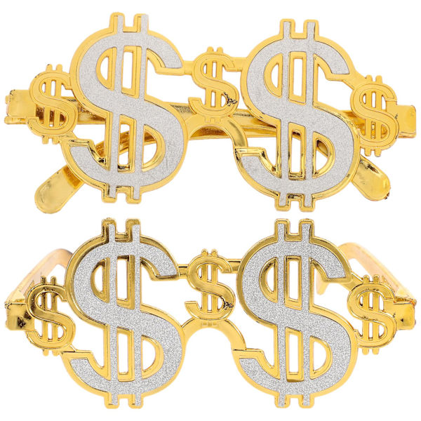2 kpl hauskat dollarilasit juhliin, naamiaisasuihin ja valokuvausrekvisiitaksi (kultaiset)