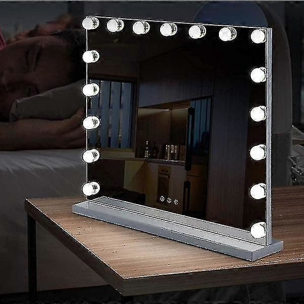 70 x 55cm Hollywood Makeup Spejl med 3 Farver og 14 Dæmpbare LED-Lys, USB Opladningstilstand (Kun Lamper)