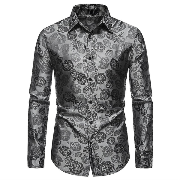 Allthemen Mens Casual Slim Lapel Rose Floral Long-sleeved Shirt