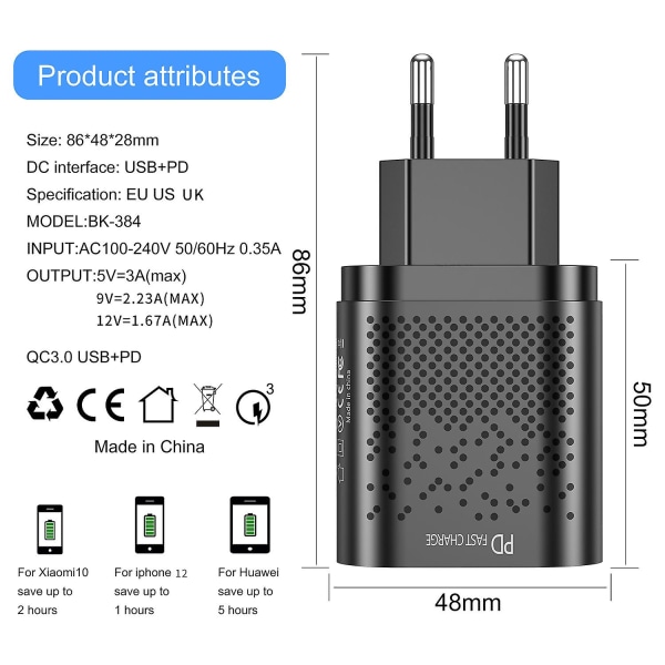 USB -laturi, 20w kaksiporttinen seinälaturi, Pd Qc 3.0 power , pikalaturilohko Iphone 12/11 Xr Xs Se -puhelimeen, Blackuk