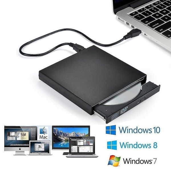 Extern CD DVD-enhet, USB 2.0 Slim Protable Extern CD-rw-enhet DVD-rw-brännare Skrivare Spelare för bärbar bärbar dator Stationär dator, svart