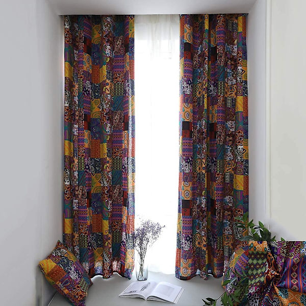 2024 Bomull Lin Patchwork Fargerik Vintage Bohemsk Gardiner Stanglomme Estetisk Vindusgardin Panel