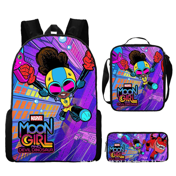 Moon Girl ja Devil Dinosaur -lasten reppu 3 kpl/setti Kuviollinen Marvel-kynäkotelo Olkalaukku Tyttöjen koululaukku Lahja 20 Pencil case