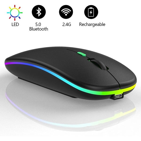 Genopladelig trådløs mus, 7 farver baggrundsbelyst mus med 2,4 GHz mini USB-modtager, gaming mus, kompatibel med bærbar computer, pc, computer, Chromebook, ikke