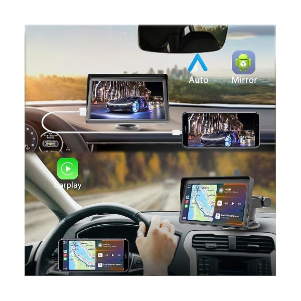 Bærbar Dash Mount Carplay Display 7In Touch Screen, GPS Navigatin,Bluetooth Bilradio, Bakkamera, FM Radio