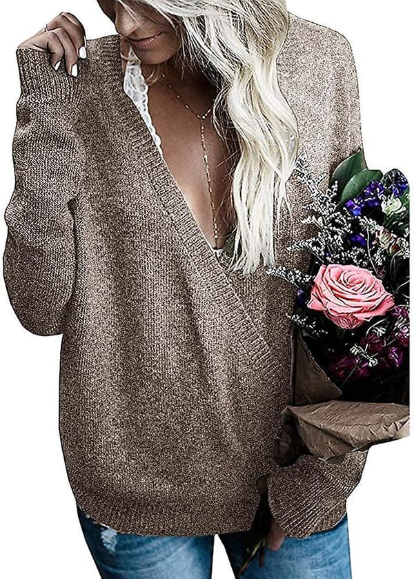 Kvinder Langærmet Dyb V-hals Strik Sweater Wrap Front Løs Top Pullover Jumpers Til Kvinder