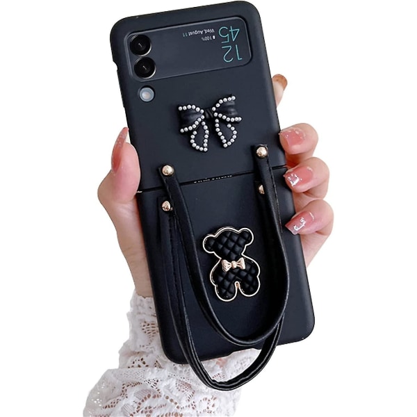 3d Bow Bear Case Kompatibel Samsung Galaxy Z Flip 4 5g med armbandsrem Vikbar Stötsäker cover Black