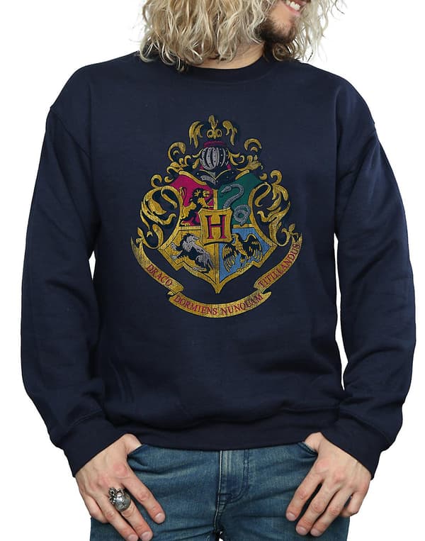 Harry Potter Hogwarts Distressed Crest Sweatshirt för män Navy Blue Small