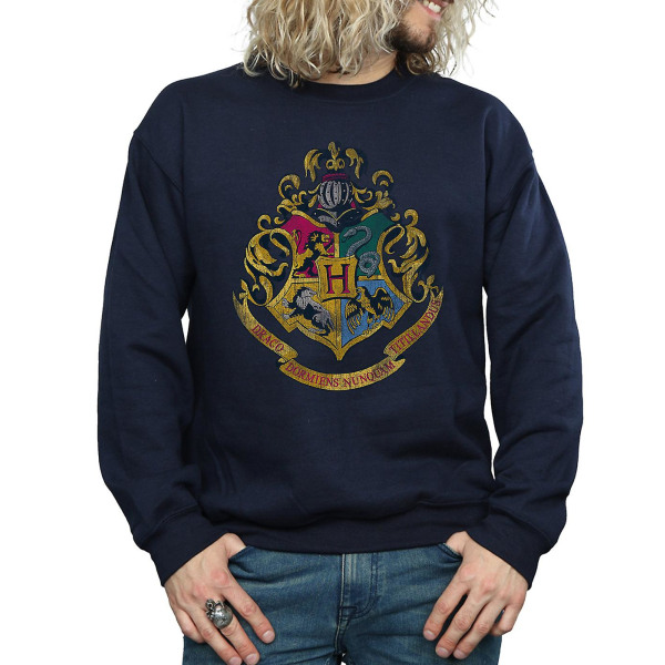 Harry Potter Hogwarts Distressed Crest Sweatshirt til mænd Navy Blue Small