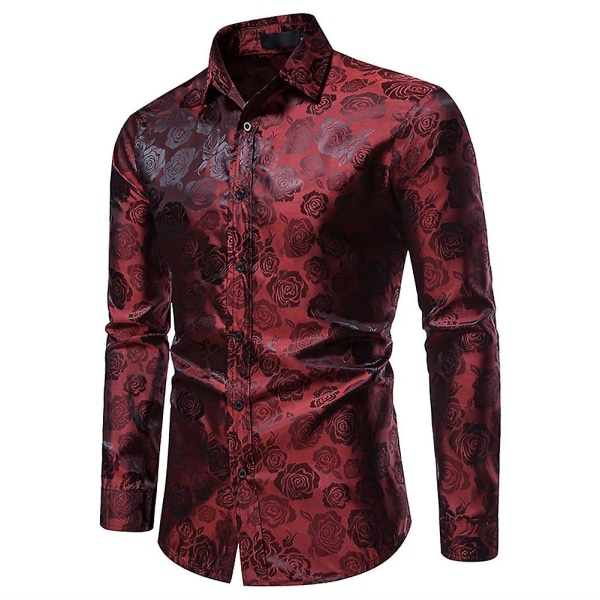 Allthemen Herre Casual Slim Lapel Rose Floral langærmet skjorte Burgundy 2XL