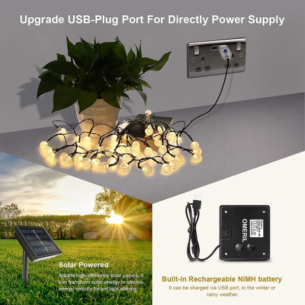 Solcellslampor, ljusslinga 50 LED kristallkulor IP65 vattentät, extra USB-kontakt, 8 lägen dekorativa lampor inomhus och utomhus, Ma